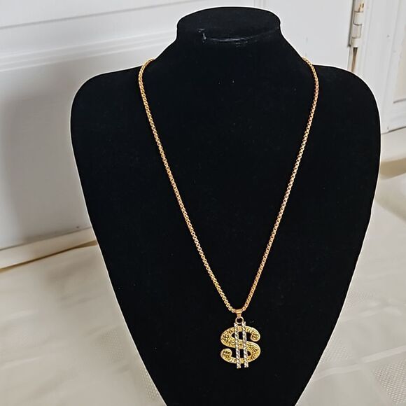 Men's Gold Plated Dollar Sign Pendant Chain 13" - Picture 2 of 16